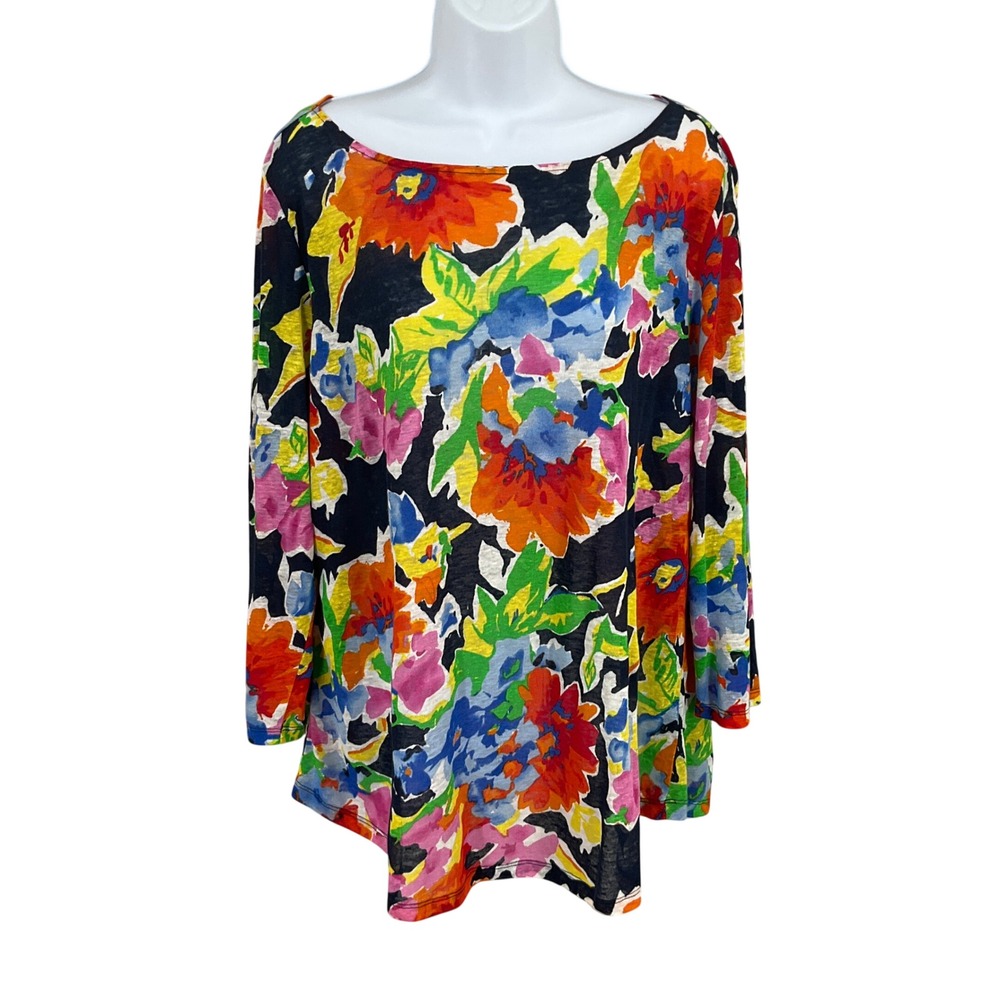 Lauren Ralph Lauren Knit Top Womens XL Multicolor Linen Floral Boat Neck Coastal